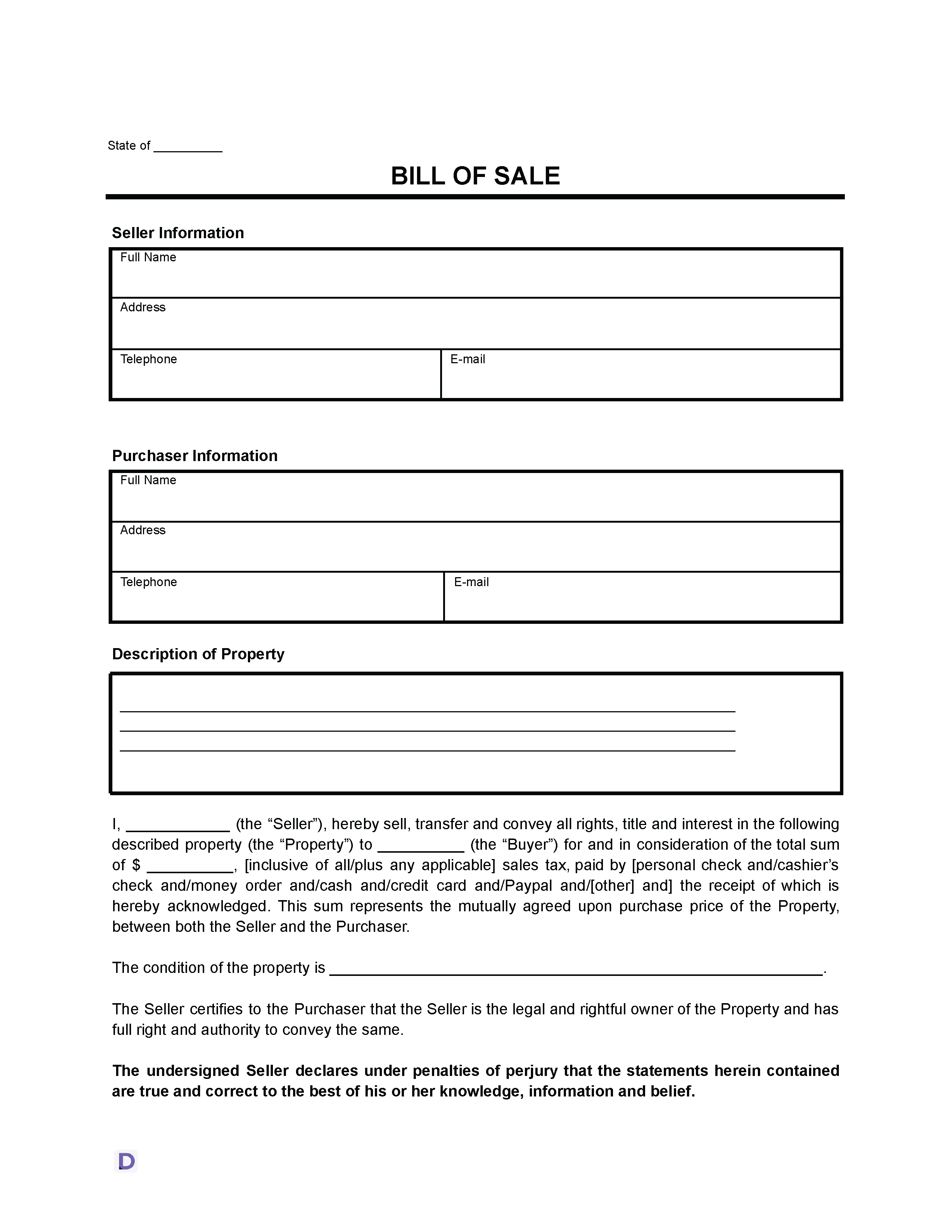 An image of a Bill of Sale template. It includes sections for the state of issuance, seller information (name, address, phone number, and email), purchaser information (name, address, phone number, and email), and a description of the property being sold.
