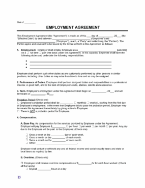 Image of a blank employment agreement template. The document is titled 'Employment Agreement' and includes fields for the state, the effective date, and the names of the employer and employee.