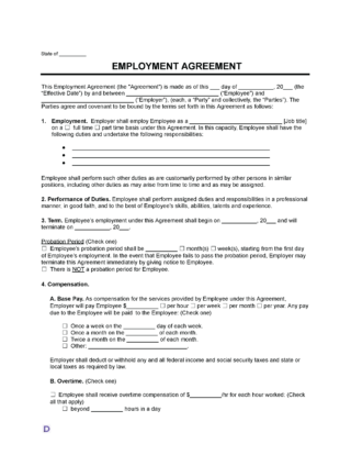 Image of a blank employment agreement template. The document is titled 'Employment Agreement' and includes fields for the state, the effective date, and the names of the employer and employee.