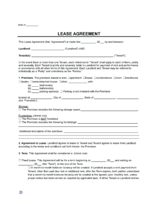 A Lease Agreement template with sections for landlord and tenant details, property type, and terms. Includes fields for property description, storage, furnishings, lease term, and conditions for fixed or month-to-month leases.