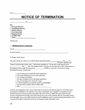 A lease termination template, featuring fields for state, date, delivery method (e.g., personal delivery, certified mail), and termination details.