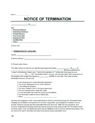 A lease termination template, featuring fields for state, date, delivery method (e.g., personal delivery, certified mail), and termination details.