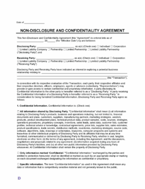 A Non-Disclosure and Confidentiality Agreement template with fields for the disclosing and receiving parties, their business types, and details of the transaction.