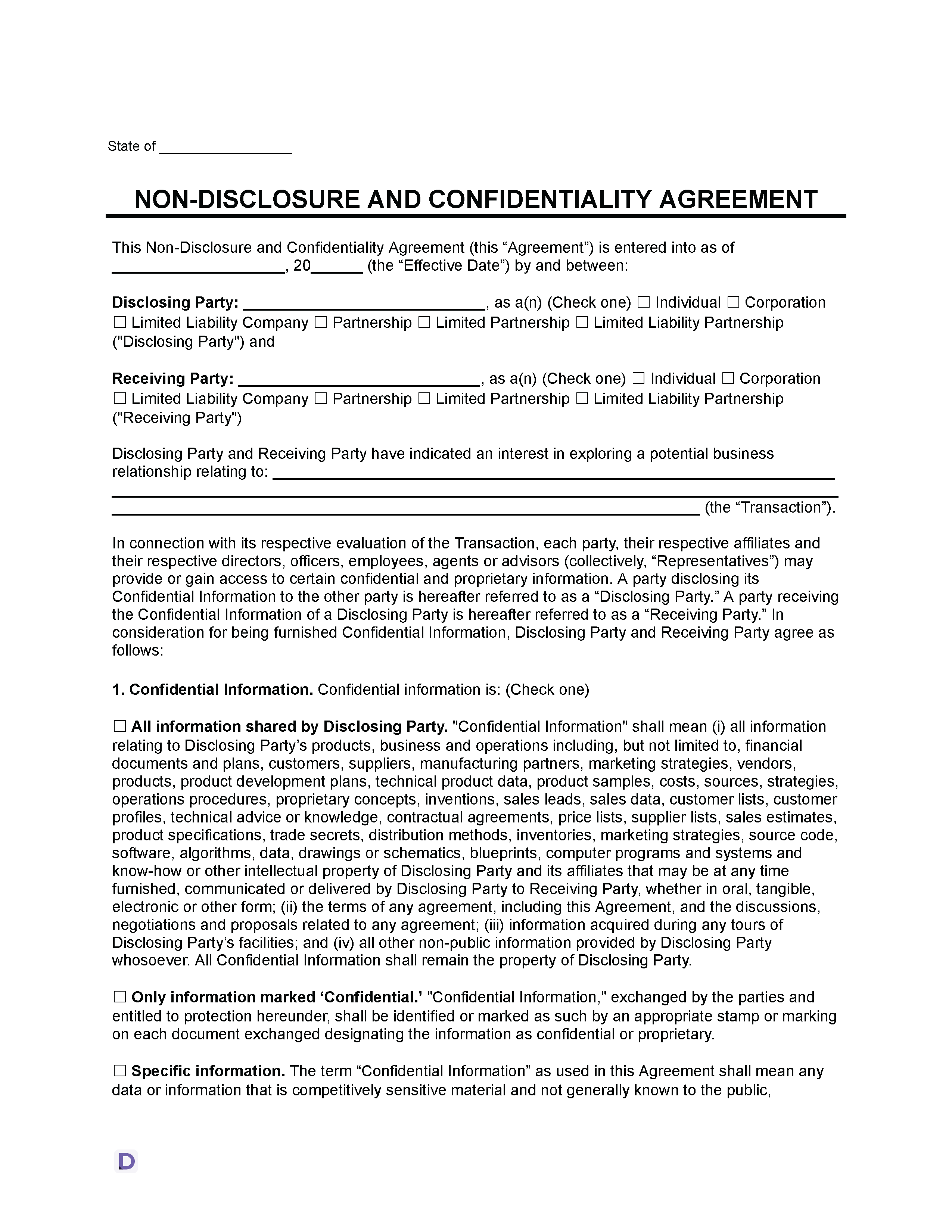A Non-Disclosure and Confidentiality Agreement template with fields for the disclosing and receiving parties, their business types, and details of the transaction.