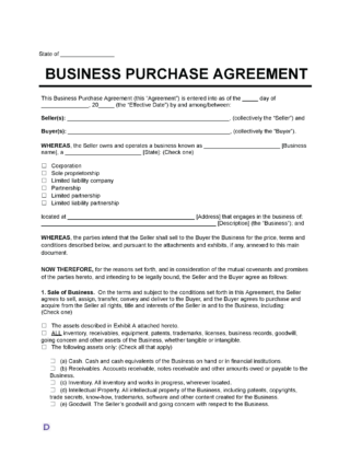 a Business Purchase Agreement template that includes sections for seller and buyer details, the business description, type of business entity, terms of sale, and assets included in the agreement.