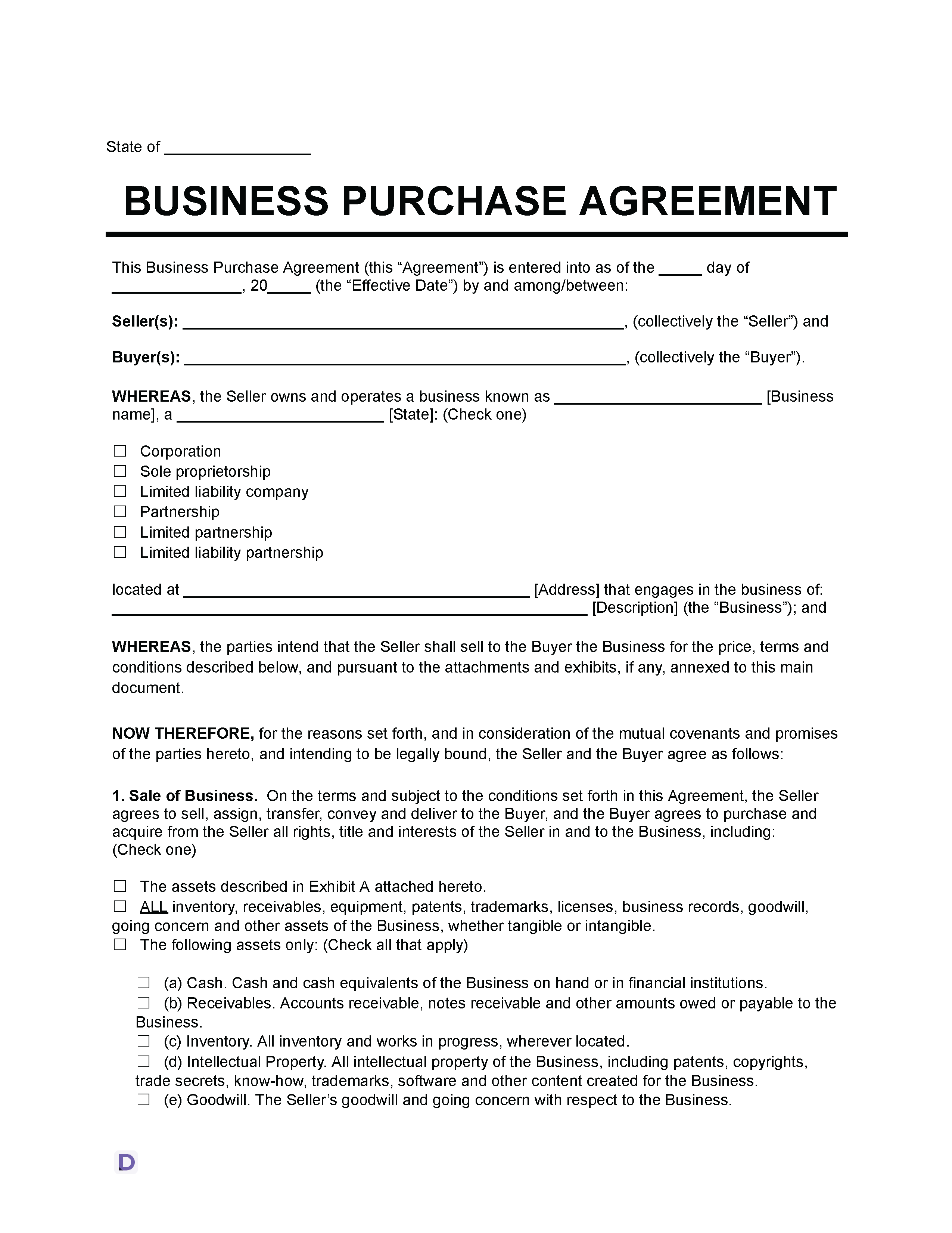 a Business Purchase Agreement template that includes sections for seller and buyer details, the business description, type of business entity, terms of sale, and assets included in the agreement.