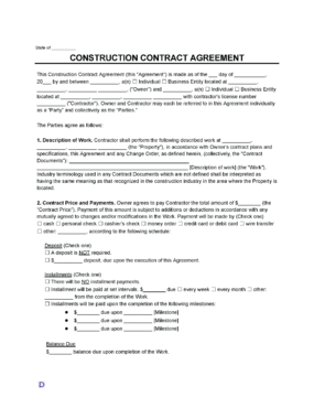 A Construction Contract Agreement template with fields for the state, date, and details of the agreement.