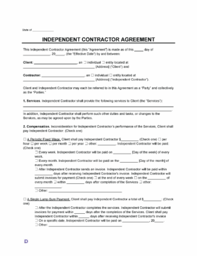 An Independent Contractor Agreement template with fields to specify the state, date, client details, and other contractor details.