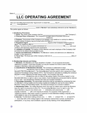 An image of an LLC Operating Agreement template. The template is titled 'LLC Operating Agreement' and includes sections for the state, date, and names of members.