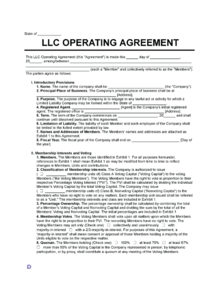 An image of an LLC Operating Agreement template. The template is titled 'LLC Operating Agreement' and includes sections for the state, date, and names of members.