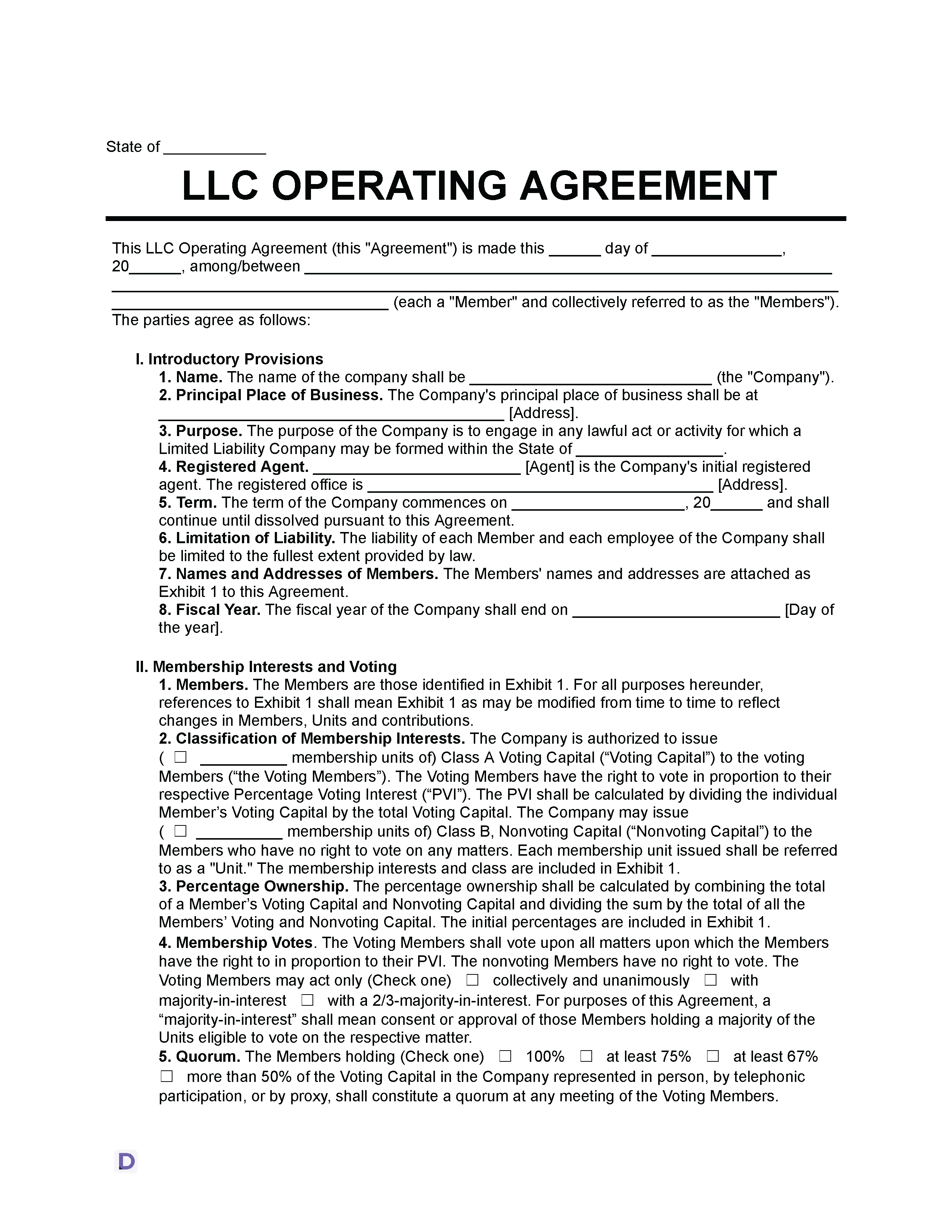 An image of an LLC Operating Agreement template. The template is titled 'LLC Operating Agreement' and includes sections for the state, date, and names of members.