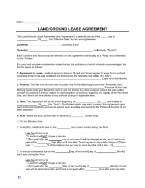 Sample Land/Ground Lease Agreement template showing sections for landlord and tenant details, property description, purpose of land use, lease term, rent details, and late fee options.