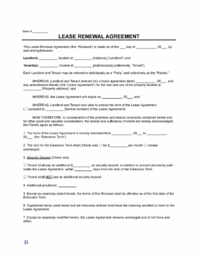 Lease Renewal Agreement template form with blank fields for landlord and tenant information, property address, lease extension term, rent details, security deposit options, and additional provisions.