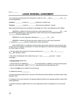 Lease Renewal Agreement template form with blank fields for landlord and tenant information, property address, lease extension term, rent details, security deposit options, and additional provisions.