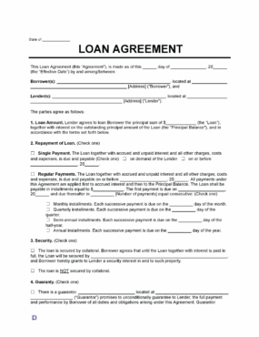 A Loan Agreement template with customizable fields for state, borrower(s), lender(s), loan amount, repayment terms, security, and guaranty.