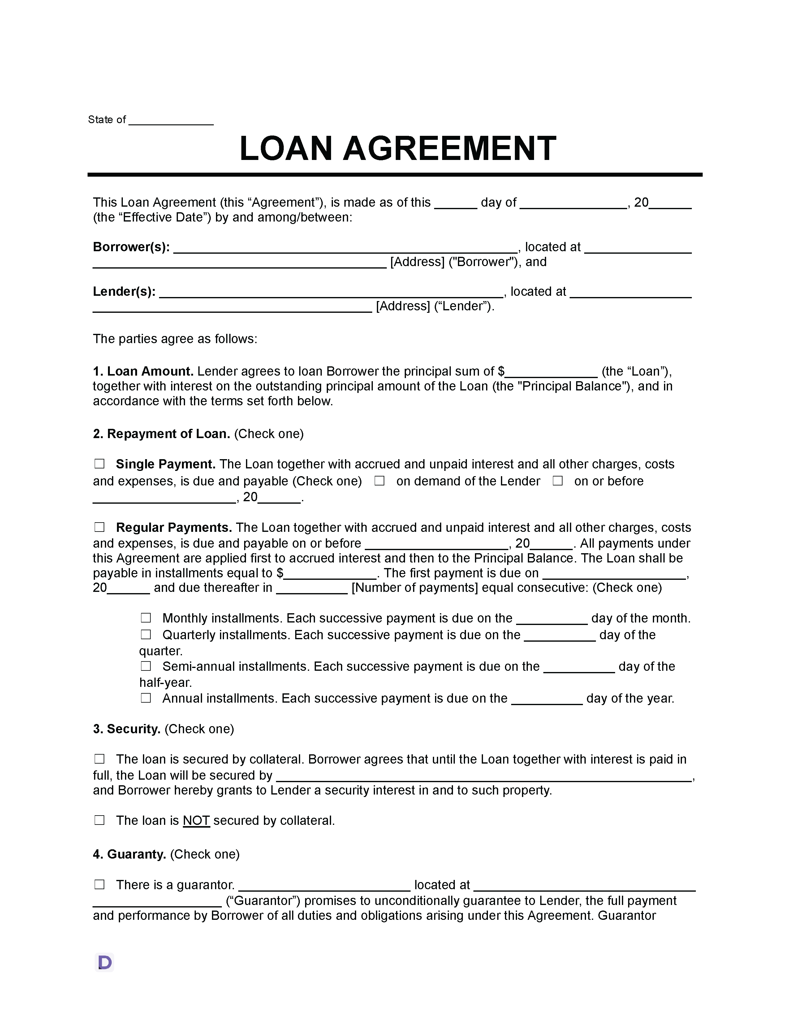 A Loan Agreement template with customizable fields for state, borrower(s), lender(s), loan amount, repayment terms, security, and guaranty.