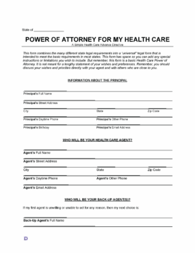 A Medical Power of Attorney Form Template, including sections for the state, the principal's personal information, the health care agent's details, and back-up agent(s).