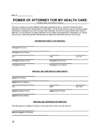 A Medical Power of Attorney Form Template, including sections for the state, the principal's personal information, the health care agent's details, and back-up agent(s).