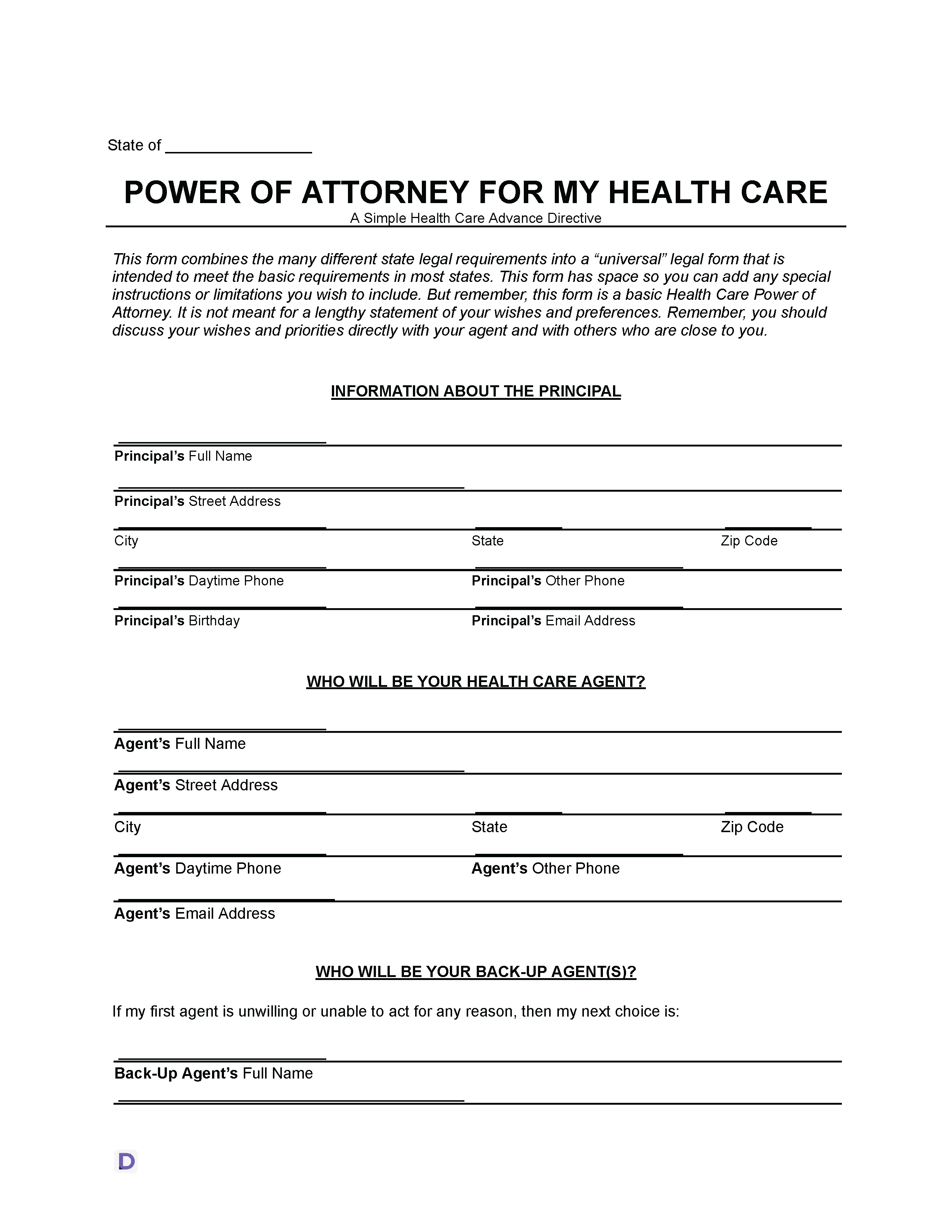 A Medical Power of Attorney Form Template, including sections for the state, the principal's personal information, the health care agent's details, and back-up agent(s).