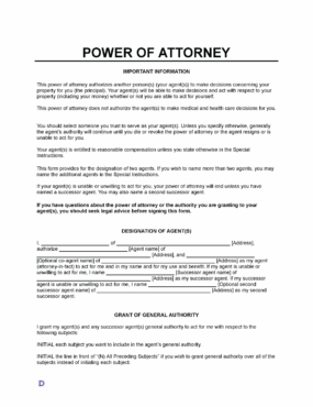 Power of Attorney form template with sections including important information, designation of agents, grant of general authority, and instructions for completing the form.