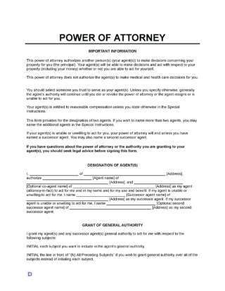 Power of Attorney form template with sections including important information, designation of agents, grant of general authority, and instructions for completing the form.