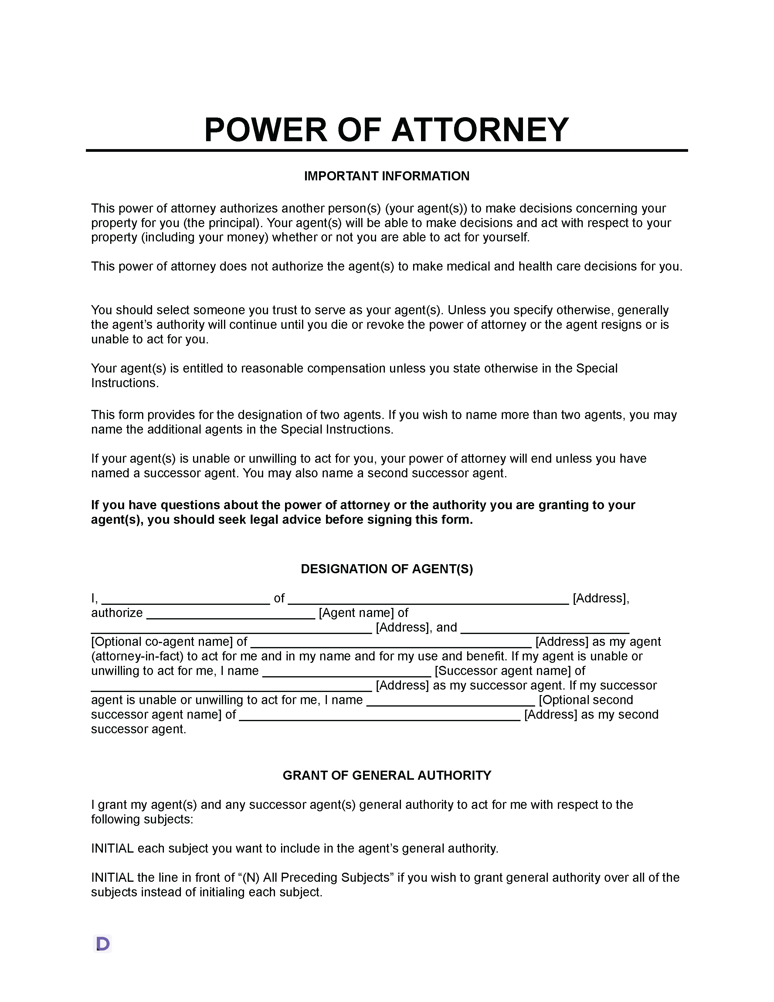 Power of Attorney form template with sections including important information, designation of agents, grant of general authority, and instructions for completing the form.