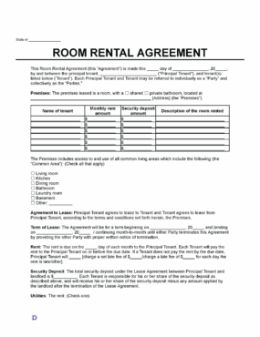 An image of a Room Rental Agreement template. The document includes fields for the state, date, and names of the principal tenant and tenants.