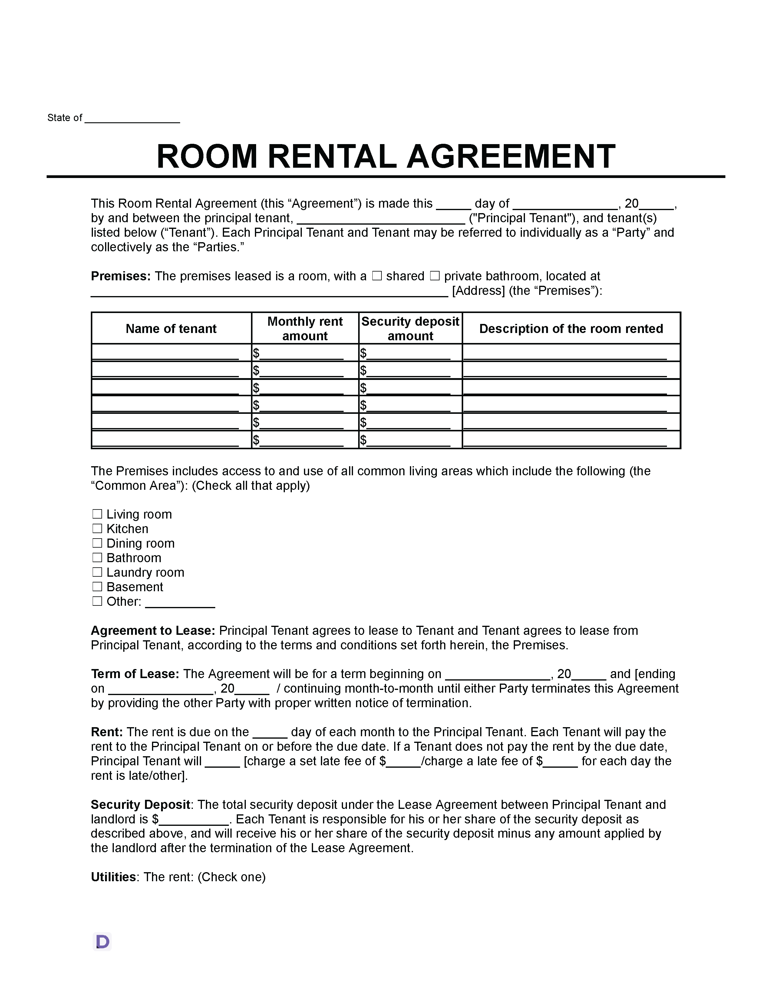 An image of a Room Rental Agreement template. The document includes fields for the state, date, and names of the principal tenant and tenants.