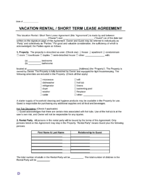 A vacation rental/short-term lease agreement form templare. It includes fields for the property description, number of bedrooms and bathrooms, and available amenities like a microwave, wifi, and a hot tub.