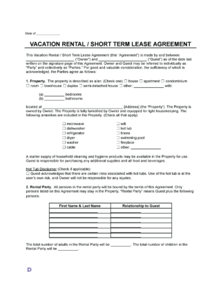 A vacation rental/short-term lease agreement form templare. It includes fields for the property description, number of bedrooms and bathrooms, and available amenities like a microwave, wifi, and a hot tub.