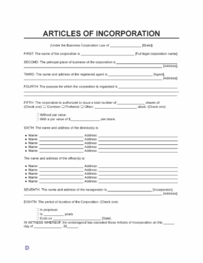 A blank Articles of Incorporation template, structured as a formal legal document. It includes fields for the corporation's name, business address, registered agent, purpose, stock structure, directors, officers, incorporator details, and duration. The document concludes with a signature section for the incorporator.
