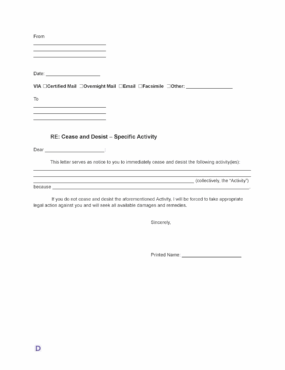 Cease and Desist Letter Template for specific activities such as harassment, copyright infringement, or contract violations. Includes sections for sender and recipient details, activity description, and legal actions to be taken.