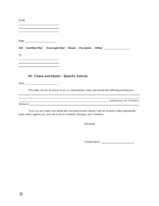 Cease and Desist Letter Template for specific activities such as harassment, copyright infringement, or contract violations. Includes sections for sender and recipient details, activity description, and legal actions to be taken.