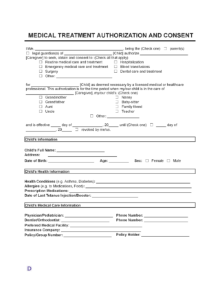 Child Medical Consent Form template with sections for authorizing medical treatment, caregiver details, child’s health information, and emergency contact information.
