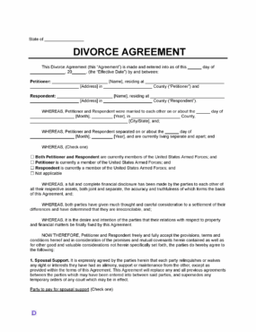 A Divorce Agreement template with blank fields for entering information about the petitioner and respondent, their addresses, marriage date, separation date, and military status. The document includes legal provisions for spousal support and financial agreements. There are checkboxes for selecting military status and spousal support options. The layout is structured with bold headings and underlined sections.