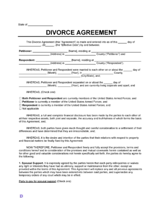 A Divorce Agreement template with blank fields for entering information about the petitioner and respondent, their addresses, marriage date, separation date, and military status. The document includes legal provisions for spousal support and financial agreements. There are checkboxes for selecting military status and spousal support options. The layout is structured with bold headings and underlined sections.