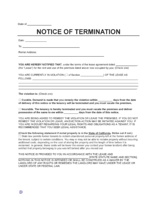 Eviction Notice Template - Formal document template for notifying tenants of lease violations and termination, including details for curable and incurable violations.