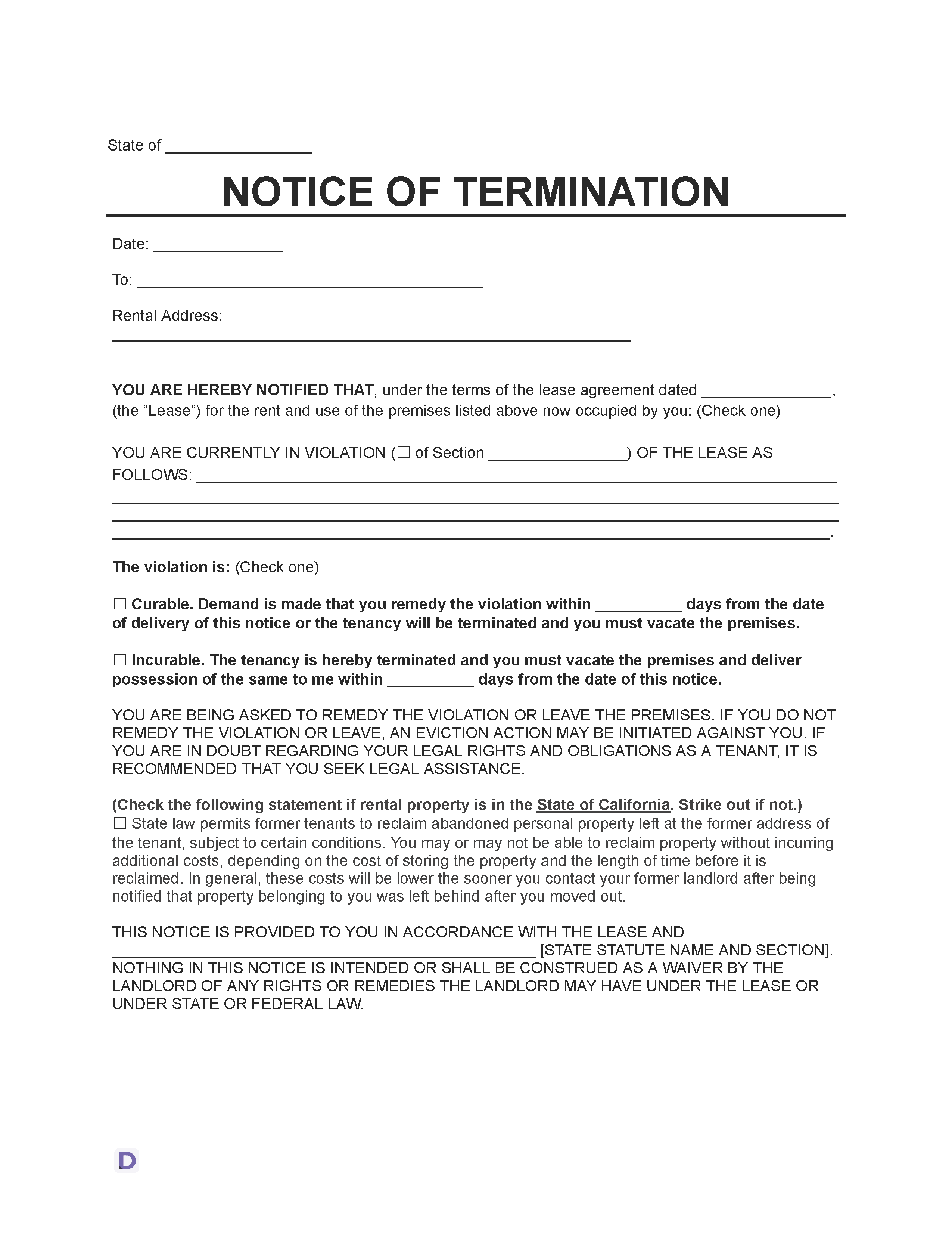 Eviction Notice Template - Formal document template for notifying tenants of lease violations and termination, including details for curable and incurable violations.