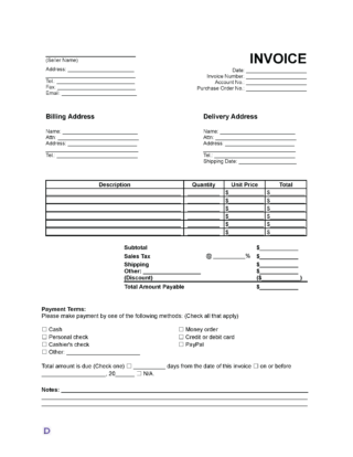 A blank invoice template with sections for seller and buyer details, including billing and delivery addresses. The form contains fields for invoice date, number, account details, and purchase order number. A table is provided for item descriptions, quantity, unit price, and total amount.