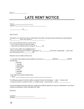 Late Rent Notice template with fields for tenant information, overdue rent details, payment instructions, and methods of payment. Includes checkboxes for rent due, previous balance, payment options, and a reminder about possible eviction proceedings.