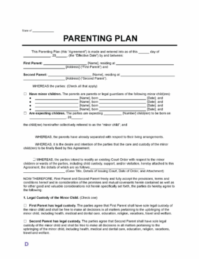 A parenting plan document template with fields for the state, names, and addresses of both parents.