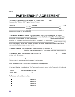 Partnership Agreement Template - Legal document template for partnership agreements, outlining business name, purpose, capital contributions, and terms.