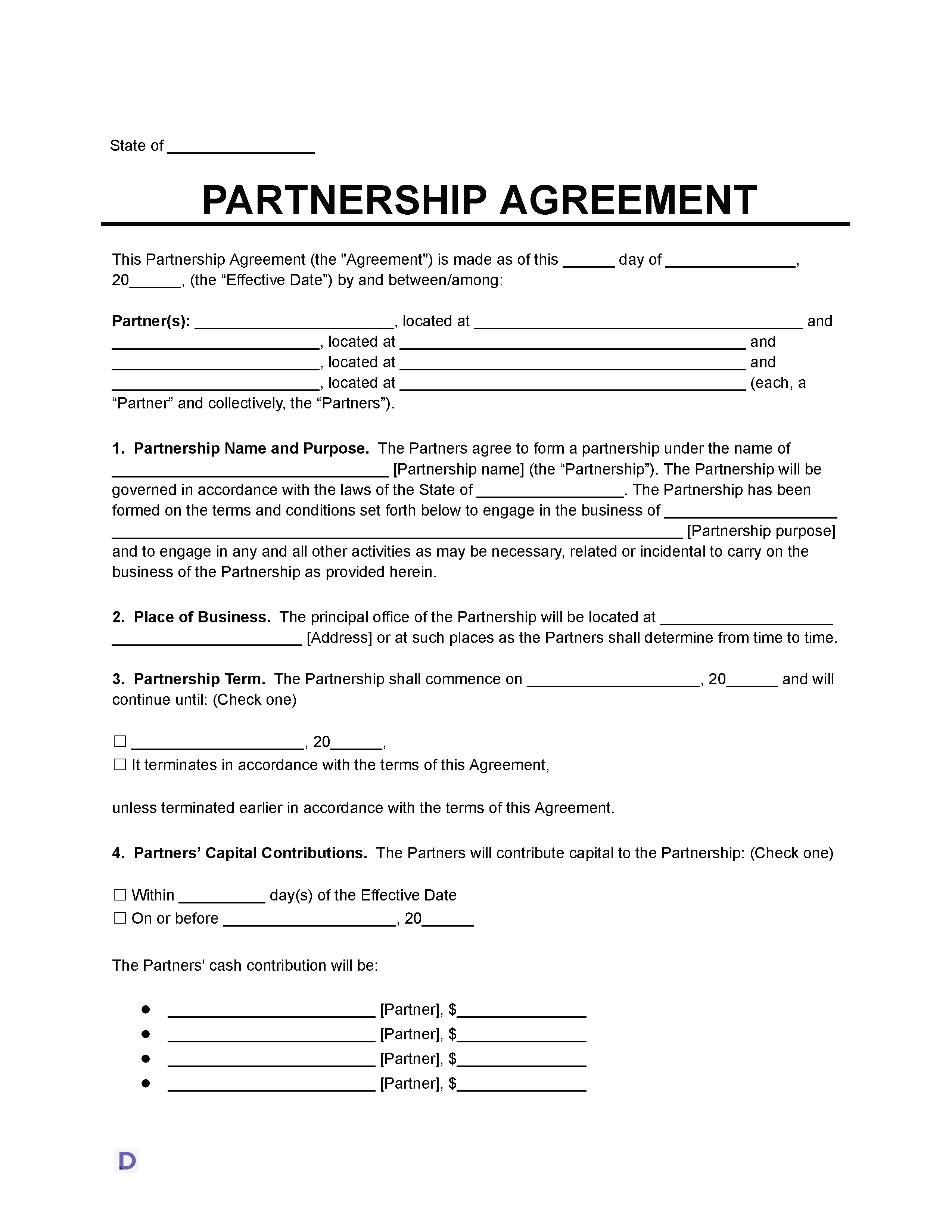Partnership Agreement Template - Legal document template for partnership agreements, outlining business name, purpose, capital contributions, and terms.