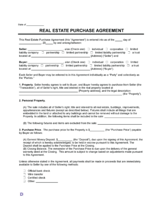 Sample Real Estate Purchase Agreement showing the key sections including property details, buyer and seller information, purchase price, and payment methods.
