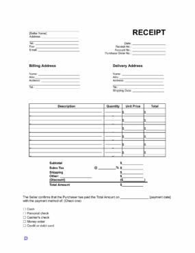 Blank receipt template with fields for seller and buyer details, billing and delivery addresses, item descriptions, quantity, unit price, total cost, tax, shipping, and payment method options including cash, personal check, cashier’s check, money order, and credit/debit card.