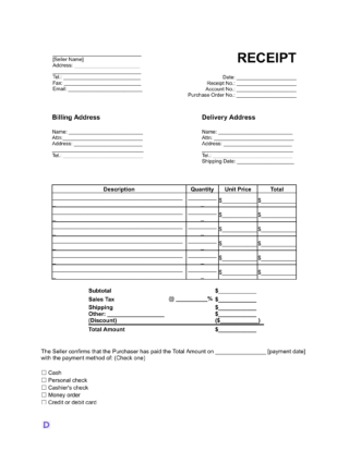 Blank receipt template with fields for seller and buyer details, billing and delivery addresses, item descriptions, quantity, unit price, total cost, tax, shipping, and payment method options including cash, personal check, cashier’s check, money order, and credit/debit card.