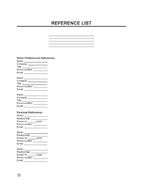 Reference List Template with sections for Work/Professional References and Personal References, including fields for name, company, title, phone number, email, relationship, and years known.