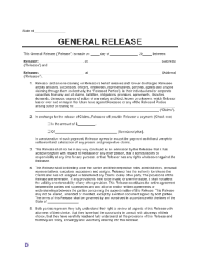 General Release of Liability form template with fields for Releasor and Releasee details, claims description, payment or item consideration, legal terms, and signature sections.