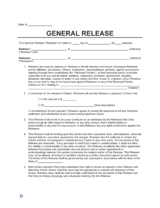 General Release of Liability form template with fields for Releasor and Releasee details, claims description, payment or item consideration, legal terms, and signature sections.