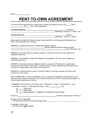 Rent-to-Own Agreement form template showing details for landlord, tenant, property description, lease terms, and option to purchase information.